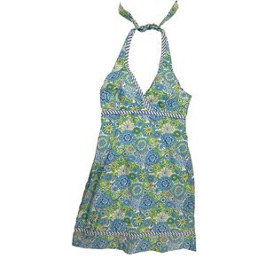 Lilly Pulitzer Halter Dress Women Size 10 Hidden Zebra Floral Mini Blue Green